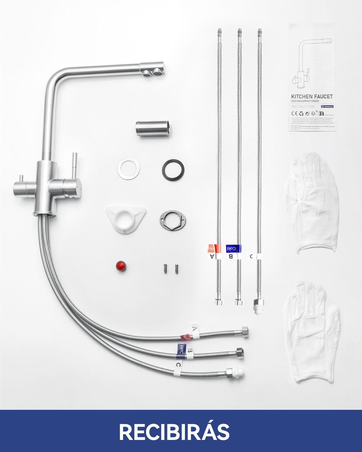 Grifo Cocina 3 Vías, Grifo Osmosis con 2 Palancas, Grifo de Cocina Fregadero con Agua Fría y Caliente y Agua Filtrada, Acero Inoxidable Cepillado, Giratorio 360°（Sin Purificador de Agua）