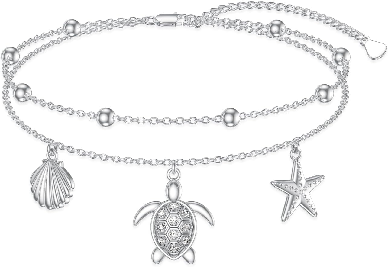 Diamond Turtle Anklet for Women 925 Sterling Silver Layered Sea Turtle Shell Starfish Foot Bracelet with Lab Grown Diamonds Beach Summer Jewelry Gifts for Women