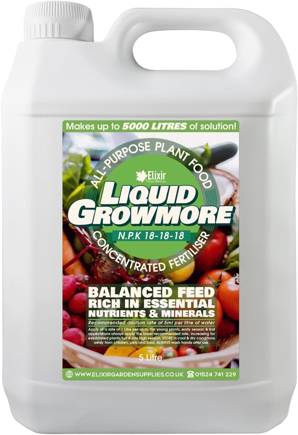 Elixir Gardens Liquid Growmore Concentrate | N.P.K 18-18-18 | 1-10 Litre Bottles Available | Vegetable, Fruit & Flower Food/Plant Fertiliser | 5 L Bottle