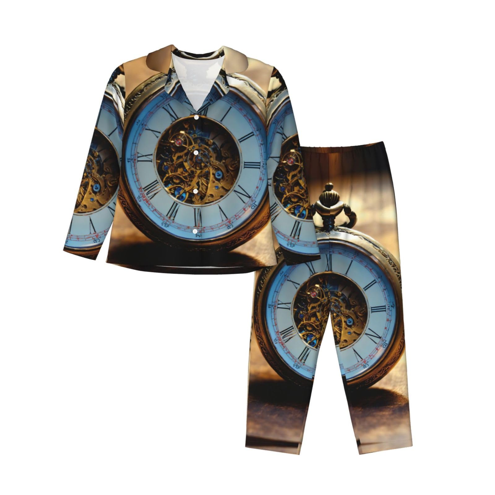 Gears Clock Bronze Century Pigiama Set Donna Morbido Due Pezzi Pj'S Set Top Manica Lunga Pantaloni Plaid Pantaloni Sleepwear Tasche