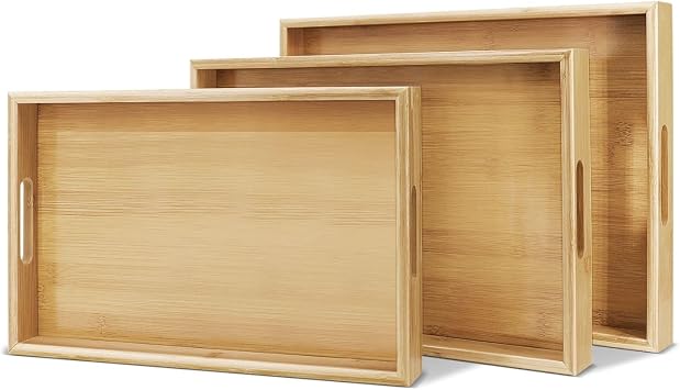 Flexzion Bamboo Trays for Serving Food - 3 Pack Bamboo Wooden Serving Trays with Handles - Rectangular Bamboo Food Tray Set Large, Medium, Small  for Breakfast, Lunch, Dinner, Snack, Party, Bed