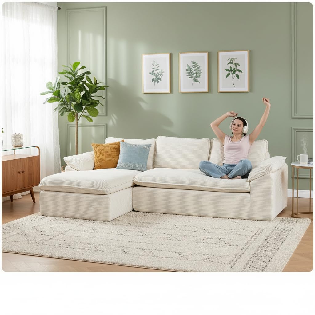 107.5" Cloud Couch Sectional,Boneless Couches for Living Room,Chenille Memory Foam Couch,Modular Sectional Sofa with Deep Seat Chaise,3 Seater L