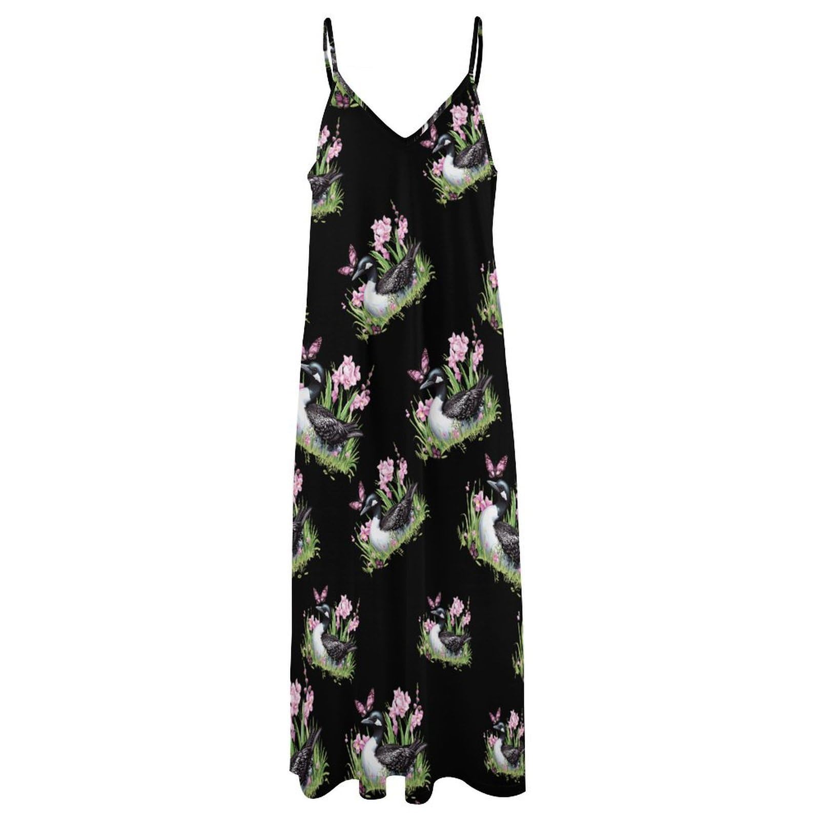 Vestido largo casual con estampado de flores y mariposas para mujer, con tirantes delgados ajustables, vestido de playa
