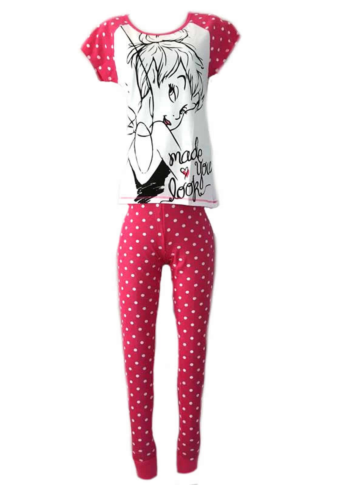 Ladies Girls Novelty Costume Pyjamas Set PJ Disney Tinkerbell Fairy Magic Cuffed Pink Purple - UK Size 8-22