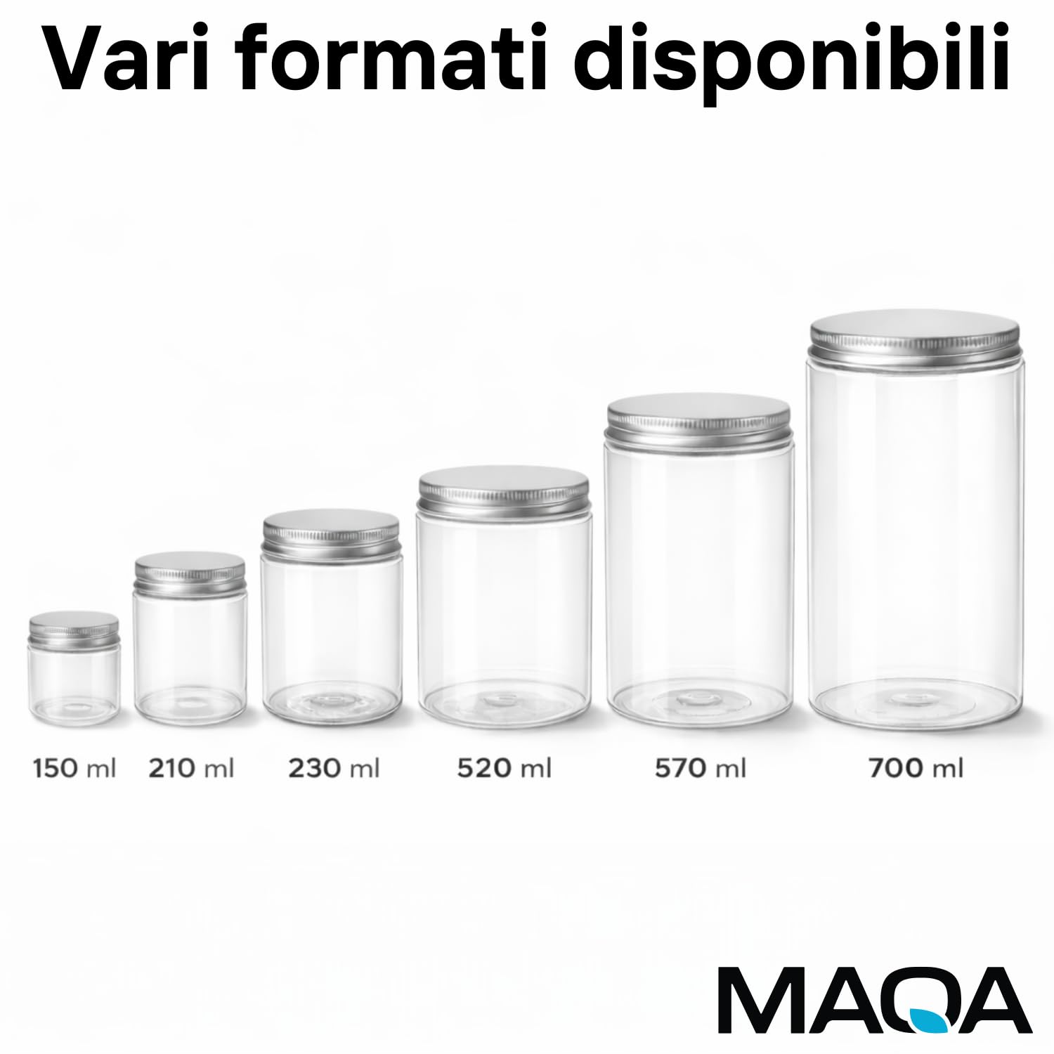MAQA Take Away - 24 tarros de cocina transparentes de PET – 700 ml – Take Away con tapón de aluminio hermético – Tarros para especias, alimentos, ensaladas, postres y platos preparados – Antifugas