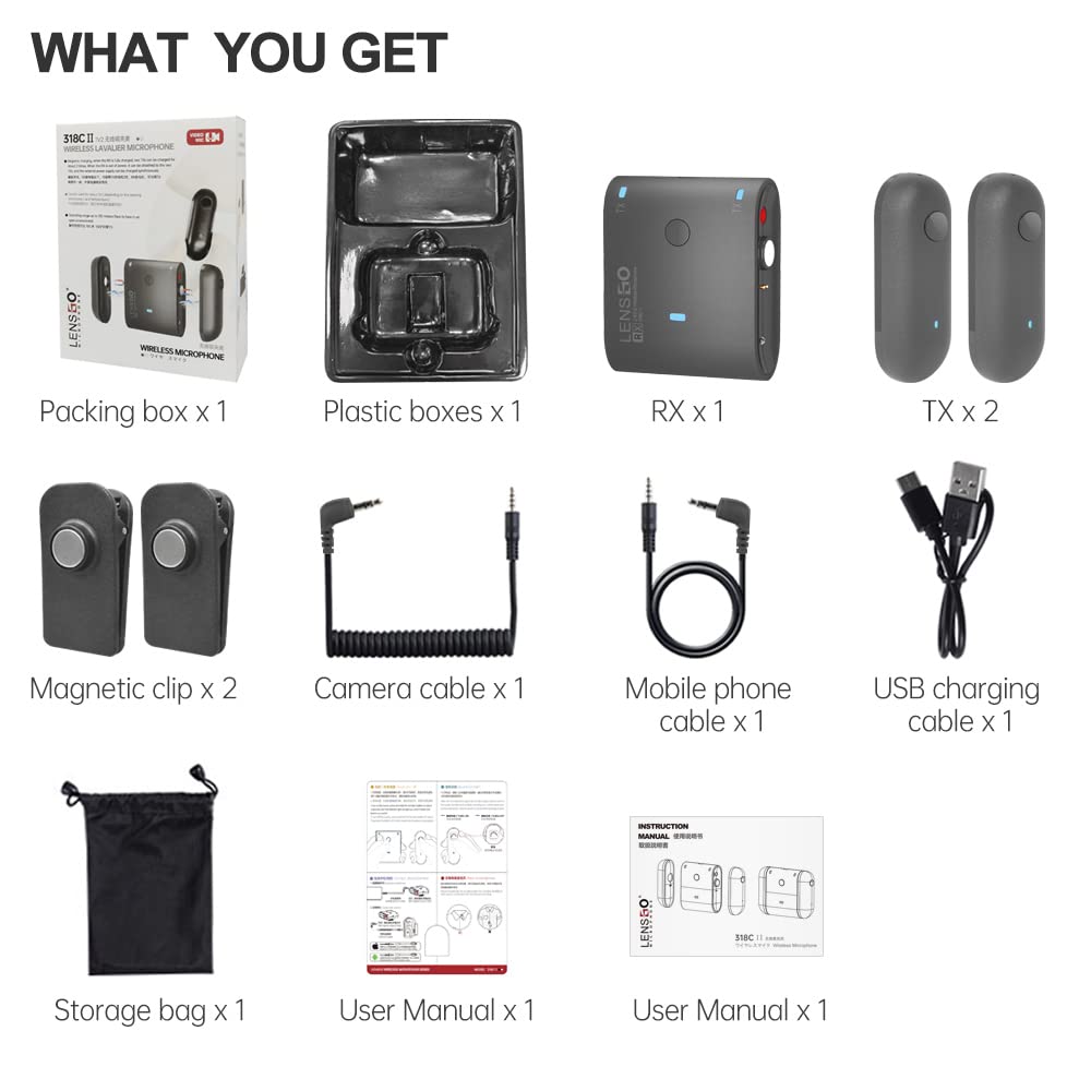 LENSGO Microfono Lavalier a doppia clip da 2,4 GHz per Canon Nikon Sony DSLR Camera Camcorder Android Ricaricabile Lapel Mic per Registrazione Video Intervista TikTok YouTube Live Streaming-N