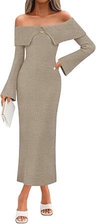 Saodimallsu Womens Off The Shoulder Maxi Sweater Dress Long Sleeve Bodycon Elegant Ribbed Knit Fall Midi Dresses