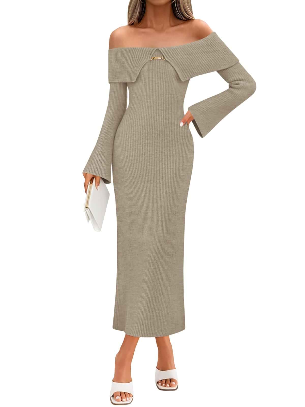 Saodimallsu Womens Off The Shoulder Maxi Sweater Dress Long Sleeve Bodycon Elegant Ribbed Knit Fall Midi Dresses Long Sleeve
