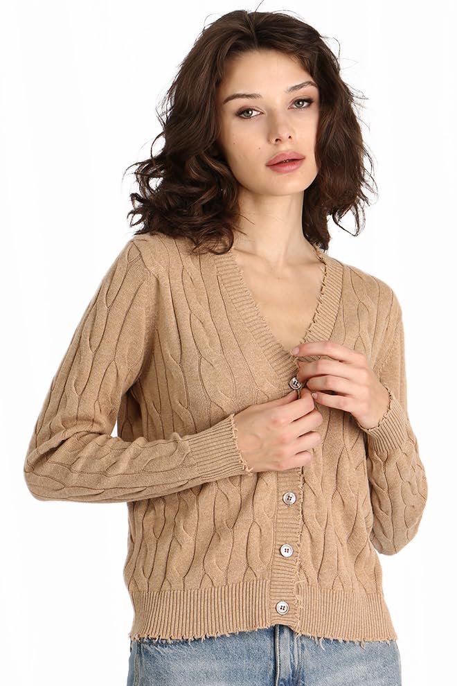 Image of Minnie Rose Women's Long Sleeve V Neck Cotton Frayed Cardigan Sweater