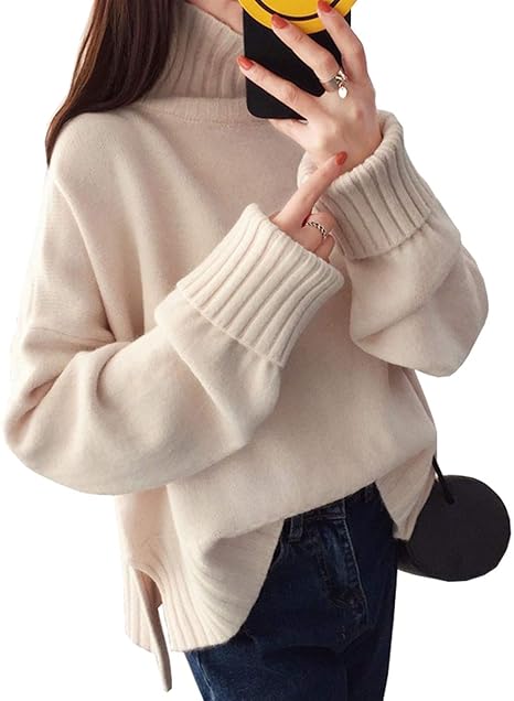 Amazon Noratwips ニット レディース トップス 長袖 セーター プルオーバー ハイネックセーター 無地 オーバーサイズ 秋冬 ニットセーター 暖かい 保温 クリーム色 フリーサイズ セーター 通販