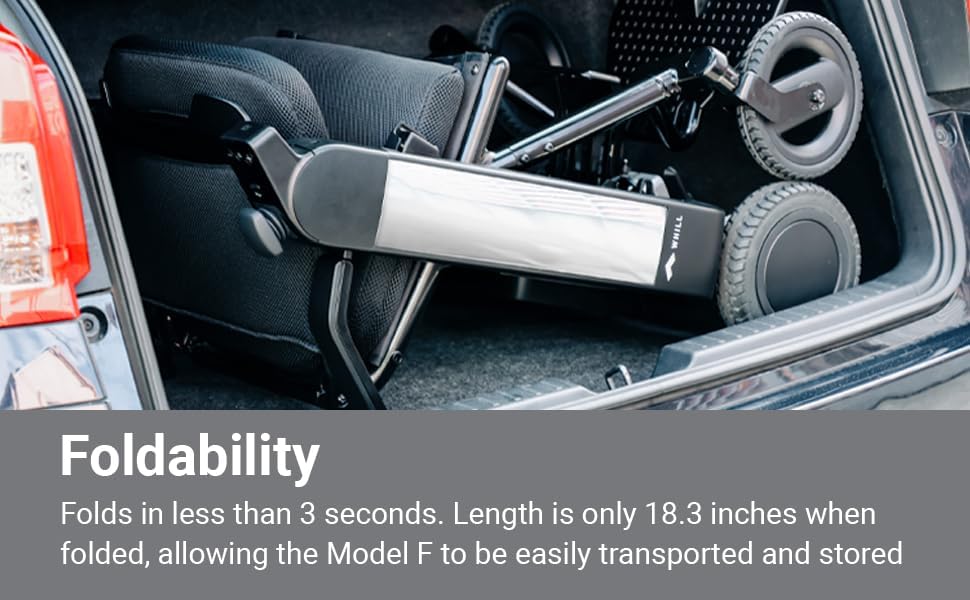 The folded WHILL Model F power chair stored in the trunk of a car, demonstrating its compact size for transport.