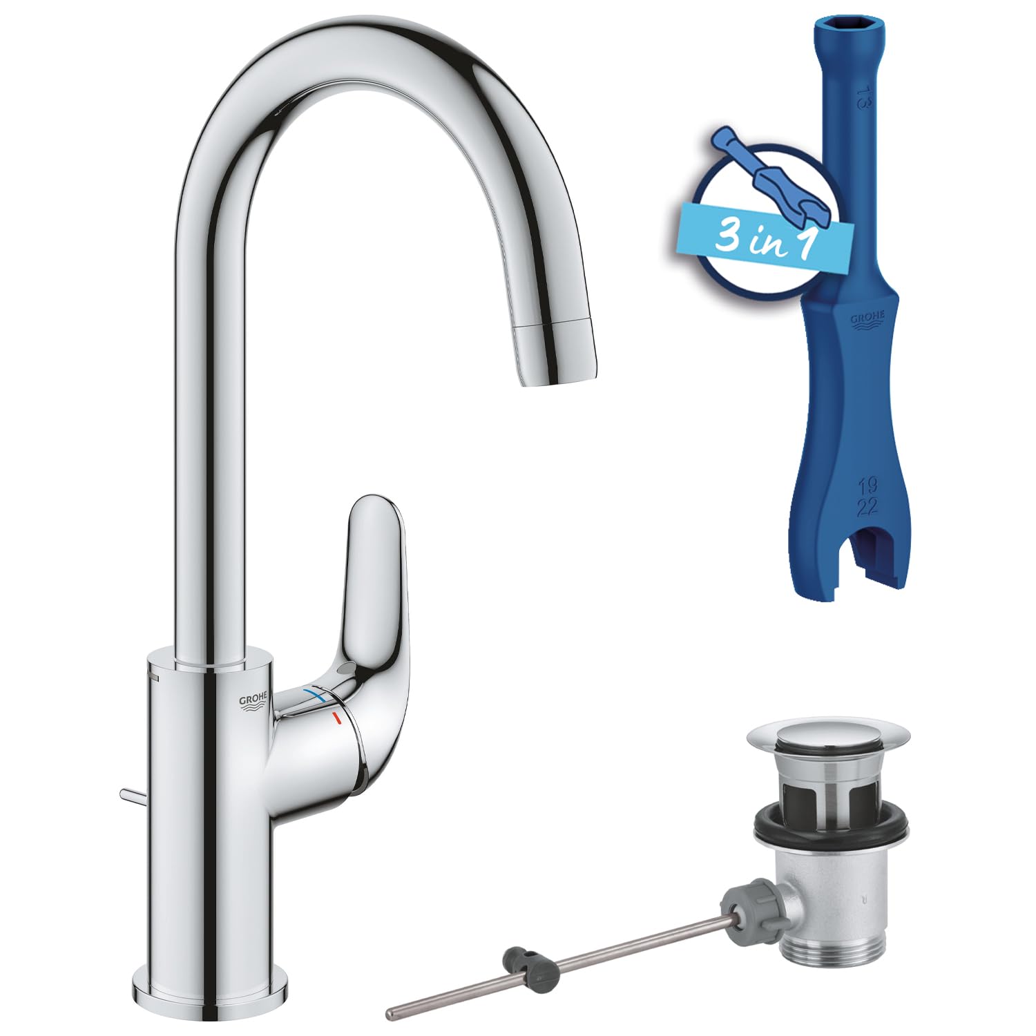 GROHE Swift, Waschtischarmatur hoch, wassersparend (Wasserhahn für das Bad, Badarmatur mit Zugstangen-Ablauf, 31cm hoch, mit 3in1 Werkzeug, einfache Installation am Waschbecken), chrom, 24330001