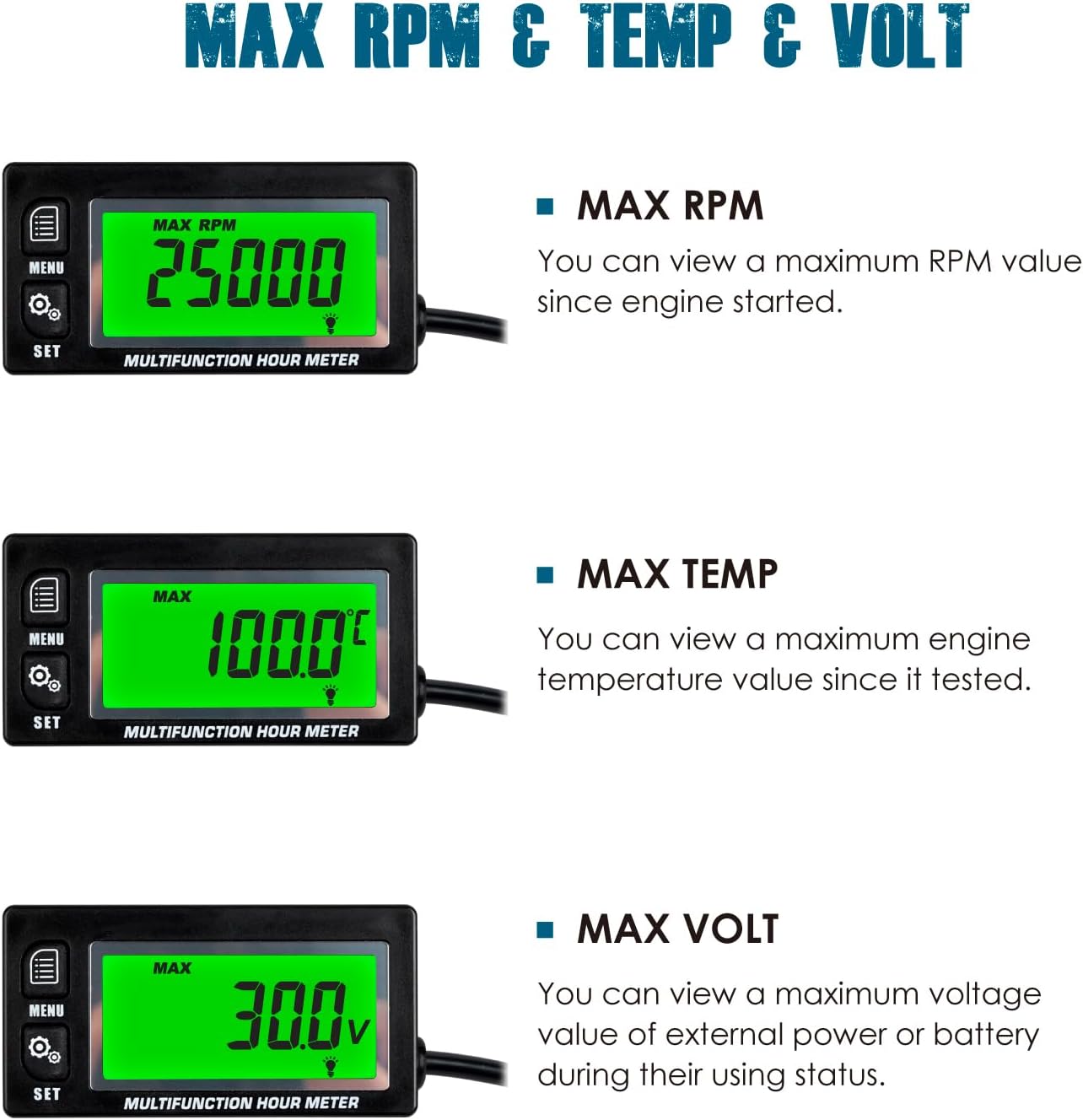 Runleader Digital Hours Tachometer,Engine Temperature Gauge,Backlight Display, Large LCD Screen,Battery Replaceable for Garden Mower Generator Motorcycle Compressor Outboard Motor Snowblower.
