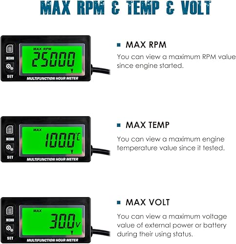 Miniatura 3 de Runleader Tacómetro digital de horas, medidor de temperatura del motor, pantalla de retroiluminación, pantalla LCD grande, batería reemplazable para