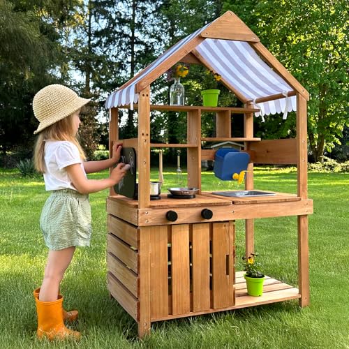 Image of OOOK Kids Mud Kitchen, Fir Wood Outdoor Play Kitchen with Water Sink | Toddler Outdoor Playset for Ages 3+, Canopy, Gardening Tools, Chalkboard, Flower Pot, Cookingware