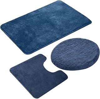 MIFXIN Bathroom Rug Set 3 Pieces, Non-Slip Soft Rectangular Area Rug Floor Mat, U-Shaped Toilet Mat, Elongated Toilet Lid Cover (Blue)