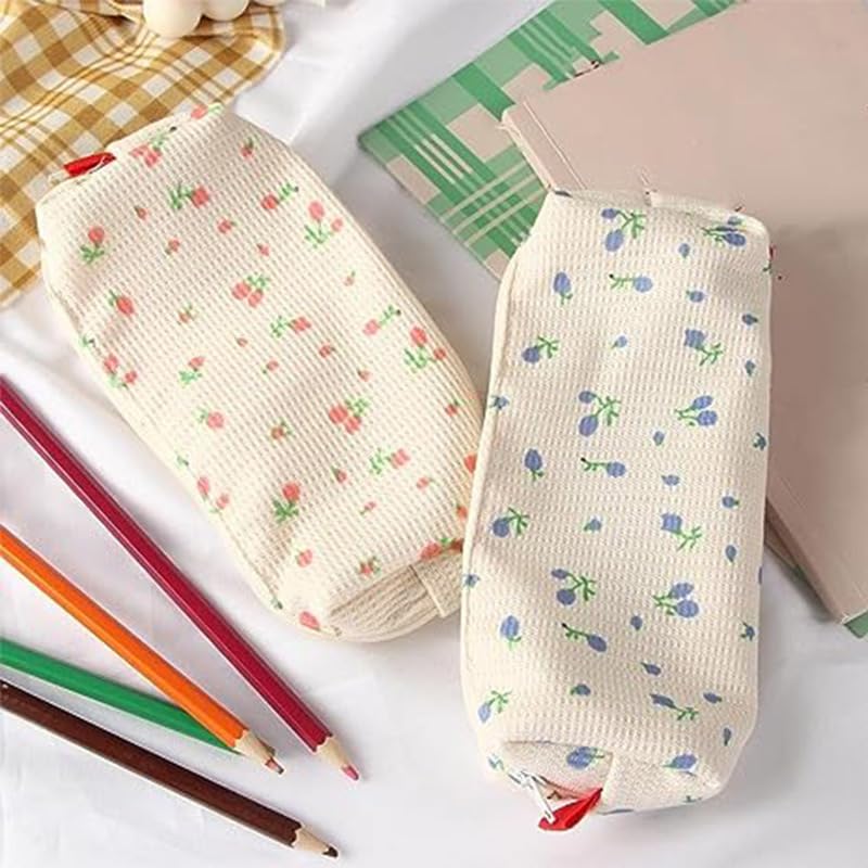 Image of Jinshining Pink Strawberries Women Fresh Style Pencil Bag Flower Floral Canvas Large Pen Pencil Pouch Bag Pencil Case Pen Holder Coin Pouch, Simple Cosmetic Storage Bags Makeup Bag Marker Cases