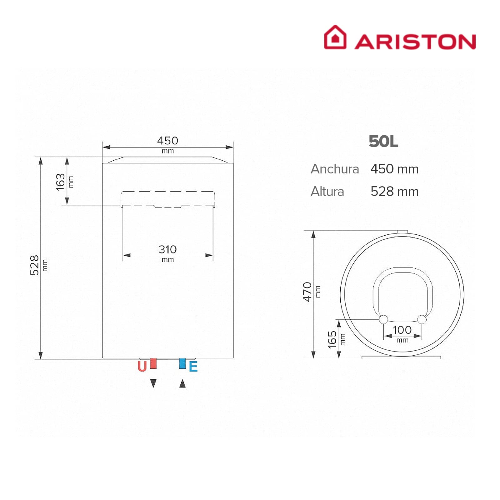 Ariston Lydos Plus - Scaldabagno elettrico verticale da 50 litri, con funzione ECO e modalità vacanze, 45 x 47 x 52,8 cm, prodotto per installazione in Spagna