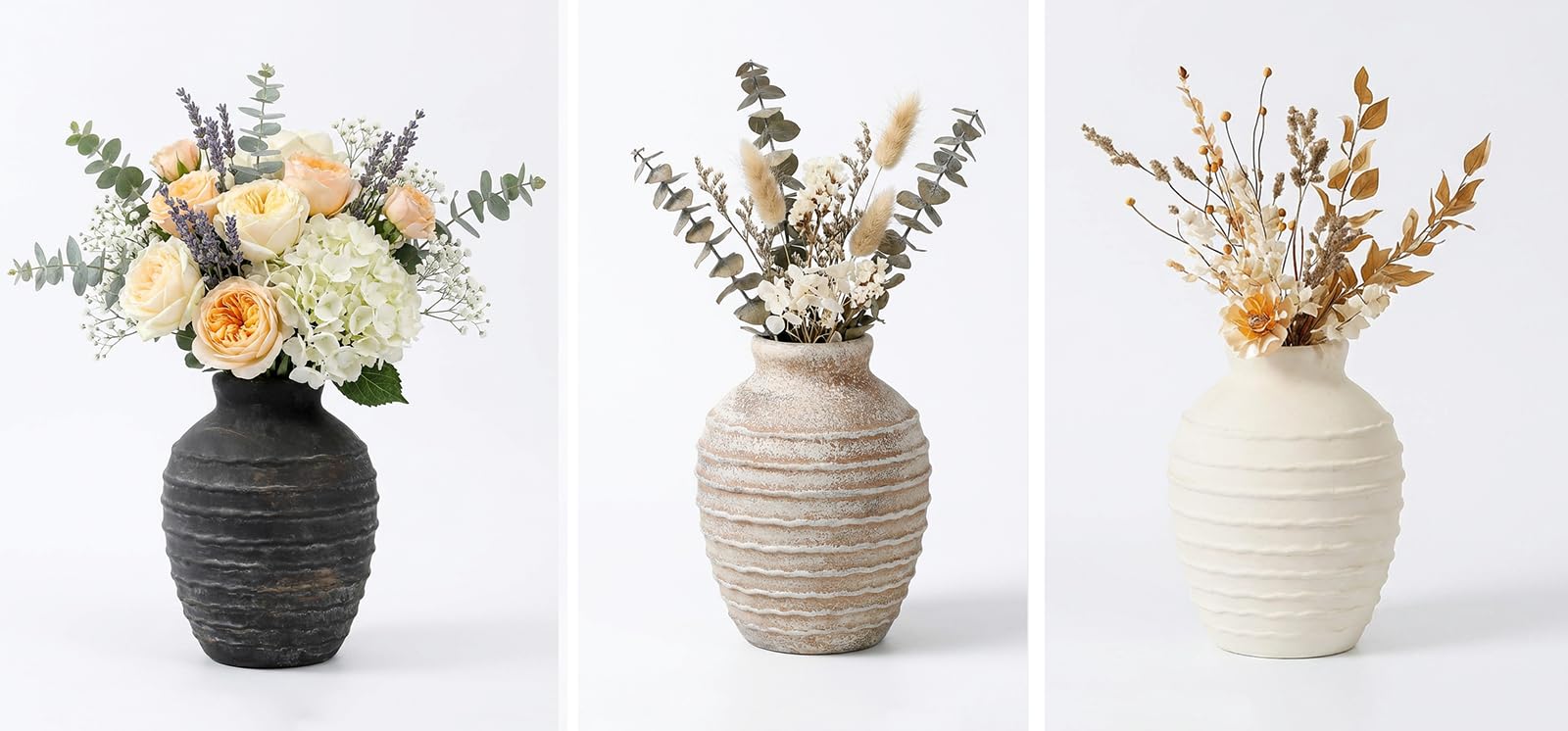 Ceramiczny wazon na kwiaty, ręcznie malowany, prążkowana tekstura – dekoracja domu wiejskiego boho na centralny element stołu, salonu, półki, kominka i wejścia