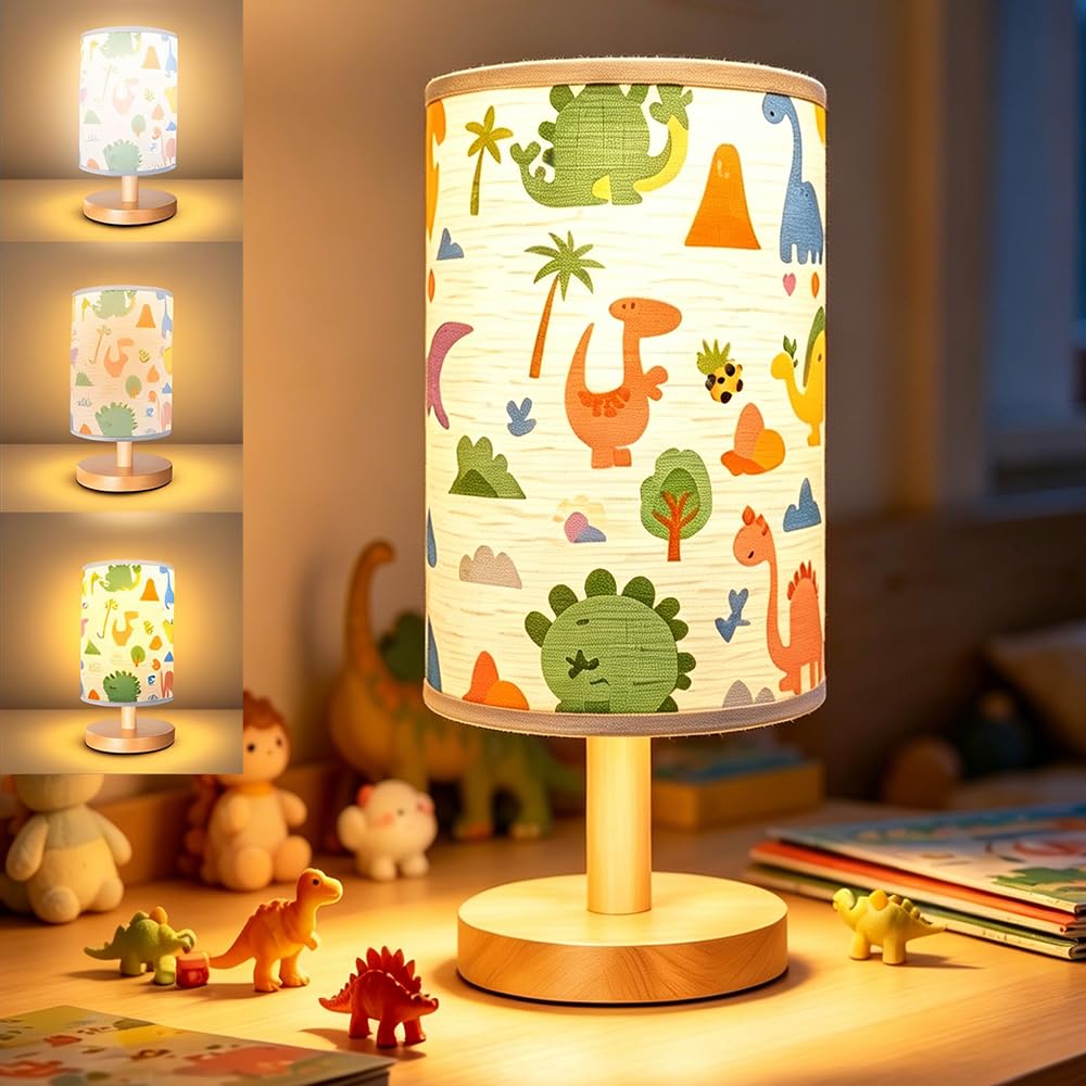 Peldris Dinosaur Kids Lamp, Dinosaur Kids Bedside Lamp with 3 Colour Light Modes, Solid Wood Base with Linen Fabric Shade, Kids Lamp for Bedroom & Living Room, Dinosaur Lamp Gifts for Girls