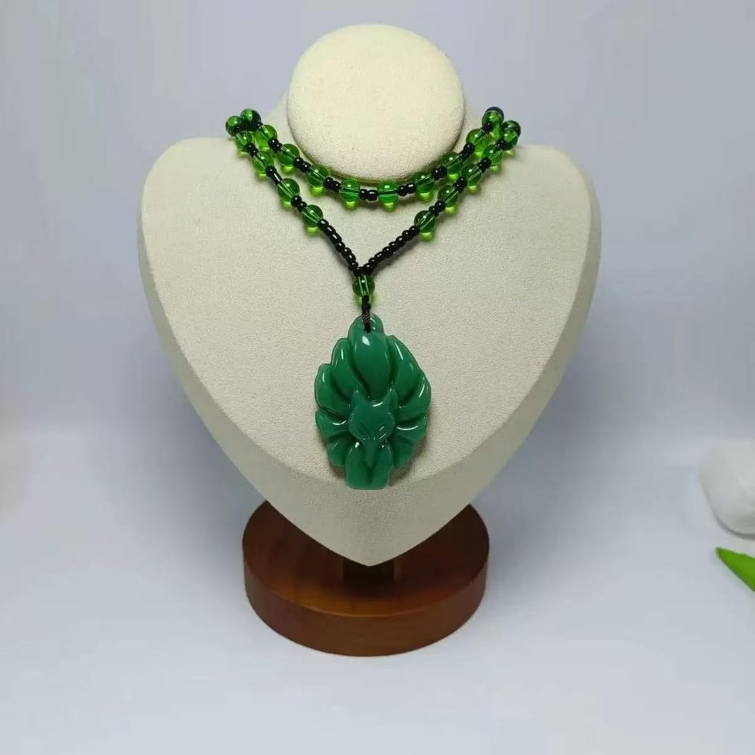 Women's Glass Nine-Tail Fox Pendant Necklace, Green and Clear Crystal Kitsune Amulet Gift in Velvet Box