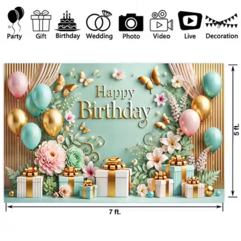 Image of Colorful Floral Happy Birthday Backdrop Curtain - Wedding & Festival Party Photography Decoration in Light Green (Pack of 1)