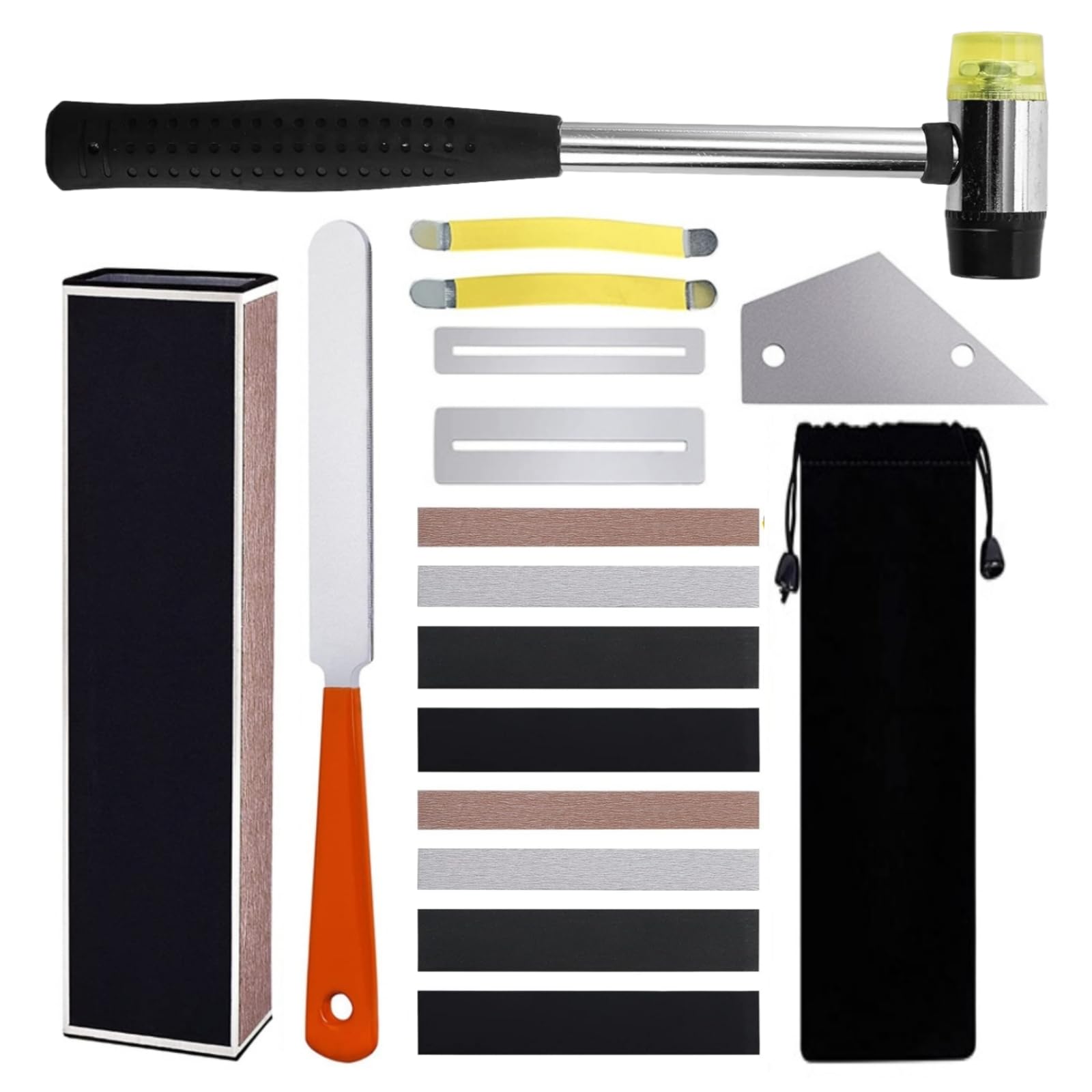 17Pcs Guitar Luthier Tool Set Include Fret Rubber Hammer, Fret Rocker, Fret Crowning File, Fret Leveling Beam, Fingerboard Guards, String Spreaders, Sanding Papers for Guitar Bass