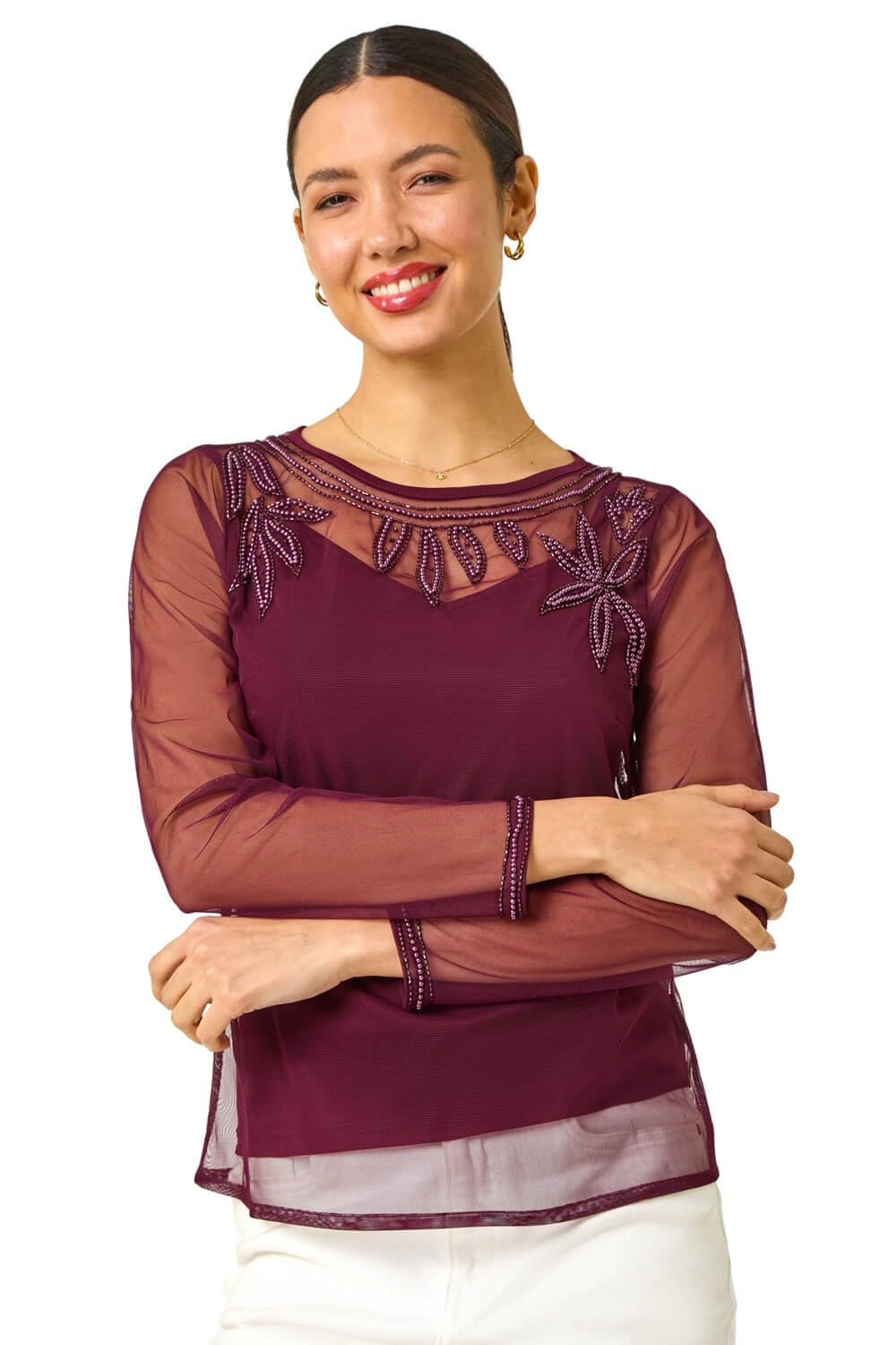 Roman Originals Women's Wine Roman Embellished Sequin Mesh Top For Uk - Autumn Everyday Winter Holiday Slash Neckline Comfy Long Sleeve Soft Sparkle Shirt Dinner Date Blouses - Size 16