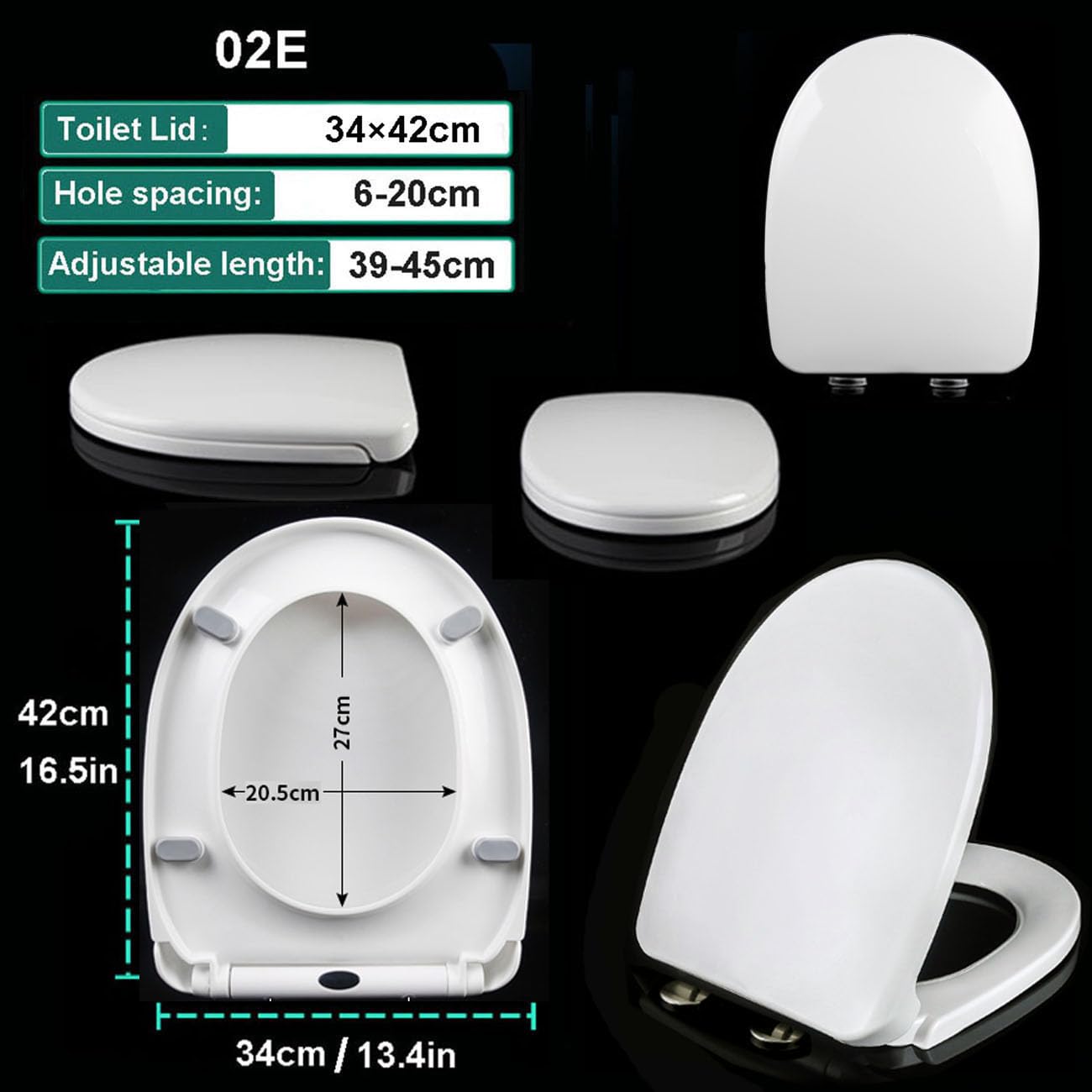 Sedile WC a forma di D, 420 x 340 mm, con chiusura ammortizzata, sgancio rapido, fissaggio superiore, facile installazione, materiale PP standard a forma di D
