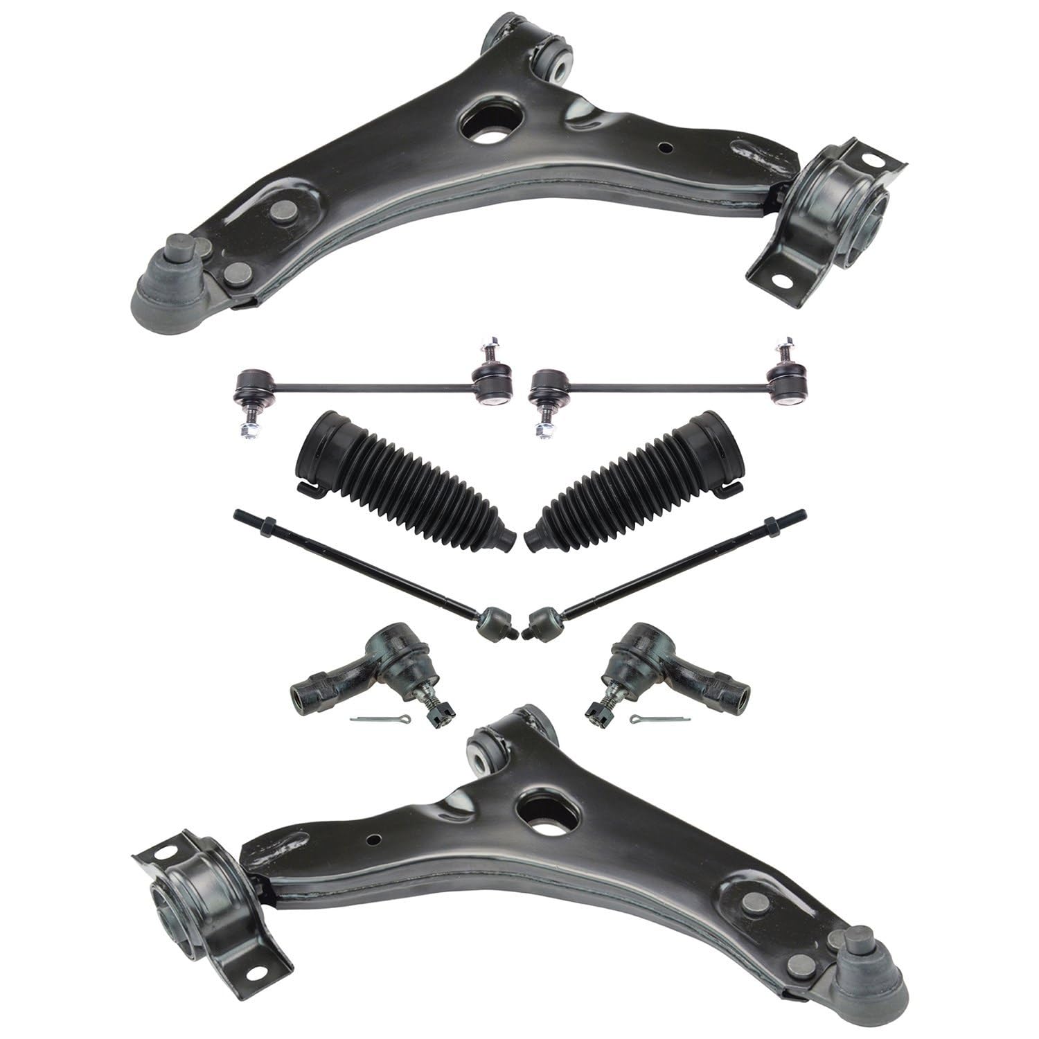 TRQFront Steering & Suspension Kit Control Arm with Ball Joint Steering Rack & Pinion Bellow Sway Bar Stabilizer Link Tie Rod Compatible with 2009-2010 Ford Focus