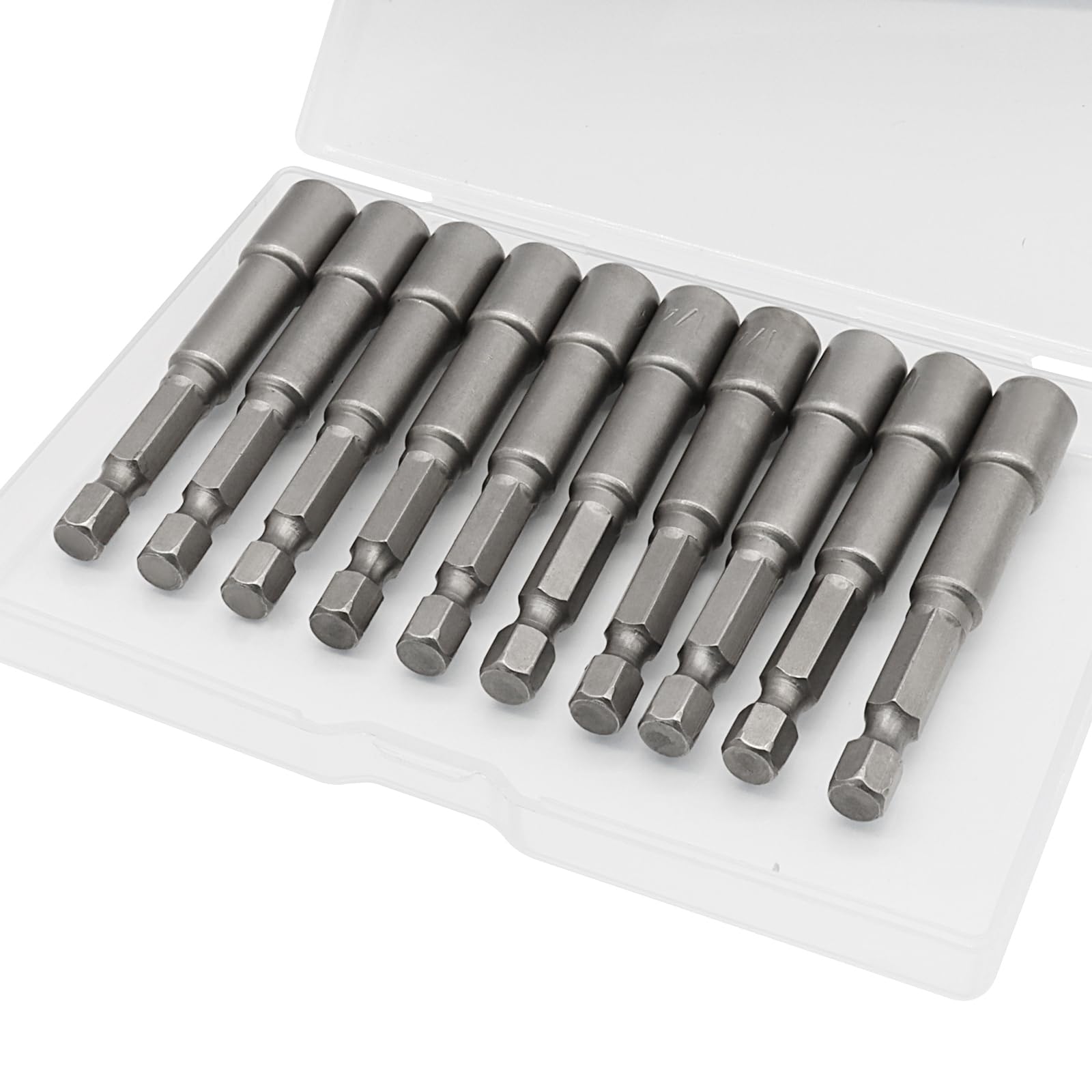 Cjueiom 10Pcs 1/4" / 6mm Hex Shank Nut Driver Set, 65mm Quick-Change Drill Bits with Box for Metric Fasteners, Professional Impact-Grade Sockets for Power Tools & DIY Applications