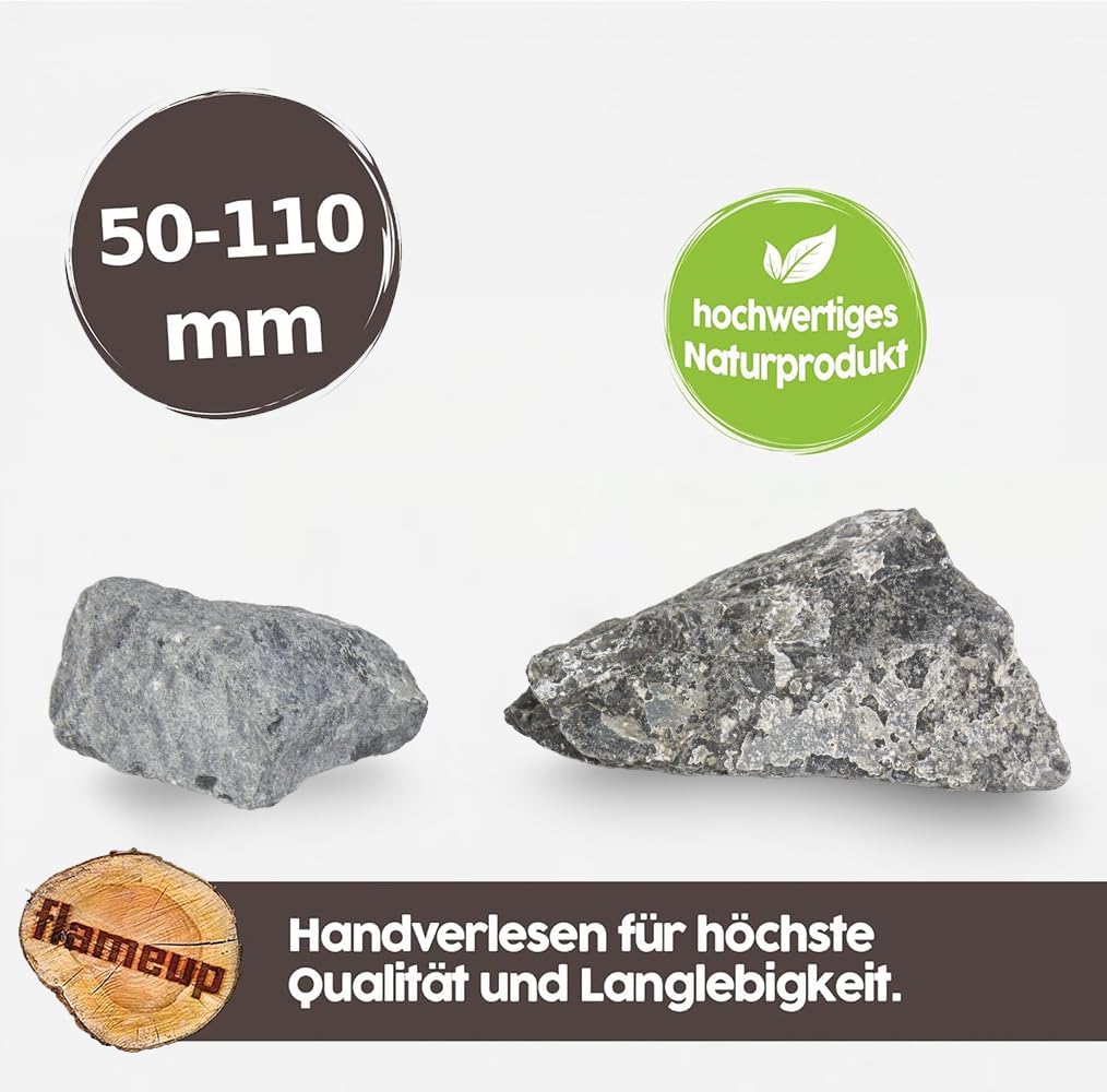 Diabas Saunasteine, 20 kg, 50-110 mm, vorgewaschene Aufgusssteine für Saunaofen, handverlesen, schadstofffreies Saunazubehör für alle Arten von Sauna