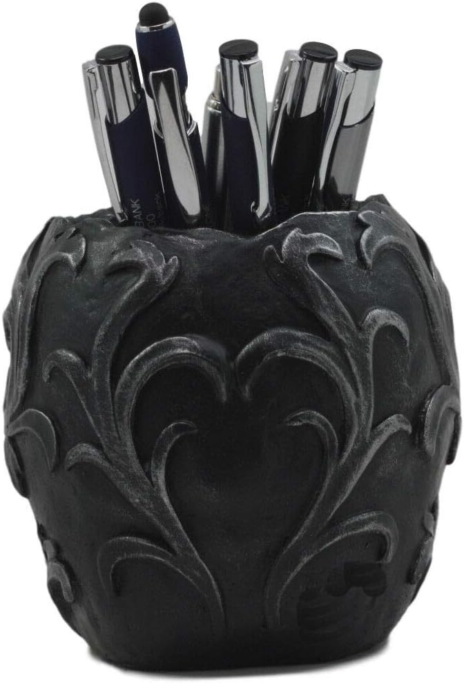Ebros Gift Tribal Tattoo Floral Skull Pen Holder Figurine 5.75" L Office Desktop Ossuary Skulls Decor Cranium Skeleton Head Stationery Holder As Halloween Macabre Graveyard Spooky Decorative Statue