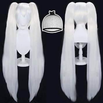 ANOGOL Hair Cap+48inch/120cm White Wig Cosplay Peluca Blanca, White Ponytail Wigs, Long Lolita Wigs for Halloween Costume, Long Pigtail Wig With Bangs for Halloween Party Cosplay
