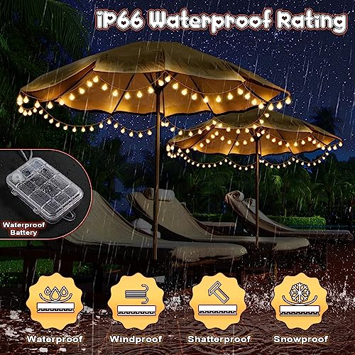 Image of 2 Pack 32 Feet Patio Umbrella Lights, 8 Lighting Modes LED String Lights with 64 Pcs Shatterproof Globe, Remote Control Battery & USB Powered, Waterproof Hanging Light Decorate for Patio