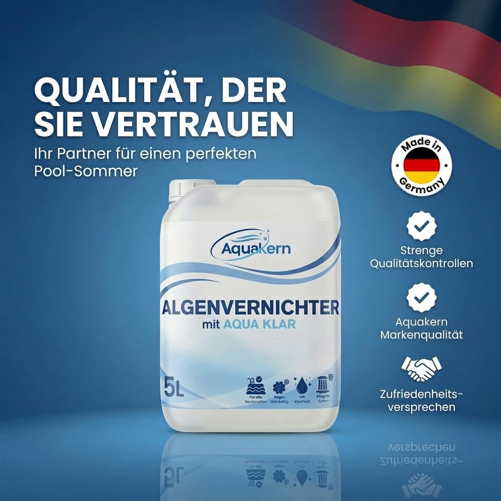 Algenvernichter 5L [mit Aqua KLAR KOMPLEX] entfernt Grünbelag | Algizid bei Grünalgen | Für mehr als 150.000 Liter | Schaumfreier Algenverhüter | Algenschutz für Pool | Made in Germany