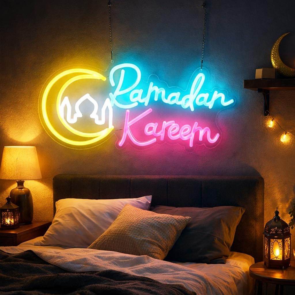 Ramadan Decorations for Home, Ramadan Lights LED Neon Sign, Islamic Wall Decor Hanging Acrylic Light Up Moon Star, Ramadan Kareem Wall Art for Room Door Window Eid Party Supplies Gift