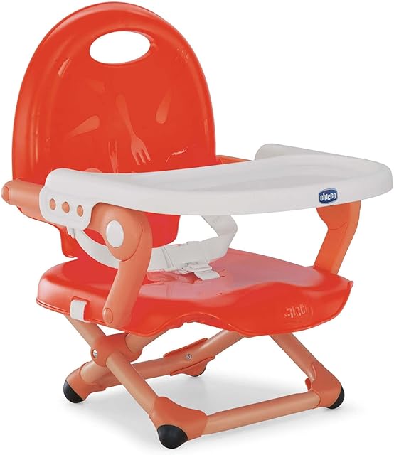 Chicco Pocket Snack Booster Seat for 6 Months to 3 Years (15 kg), Portable High Chair, Adjustable, with Compact Closure and Removable Plate, Poppy Red