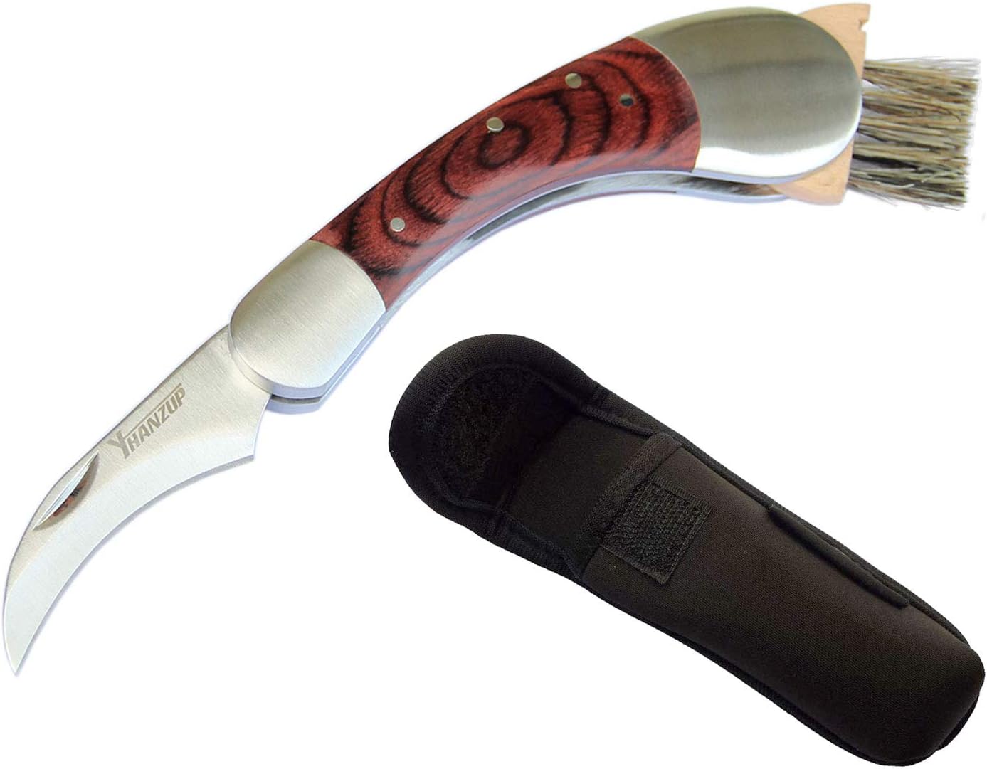 Folding Mushroom Knife with Neoprene Pouch Solid Wood Handle and Foldable Cleaning Brush