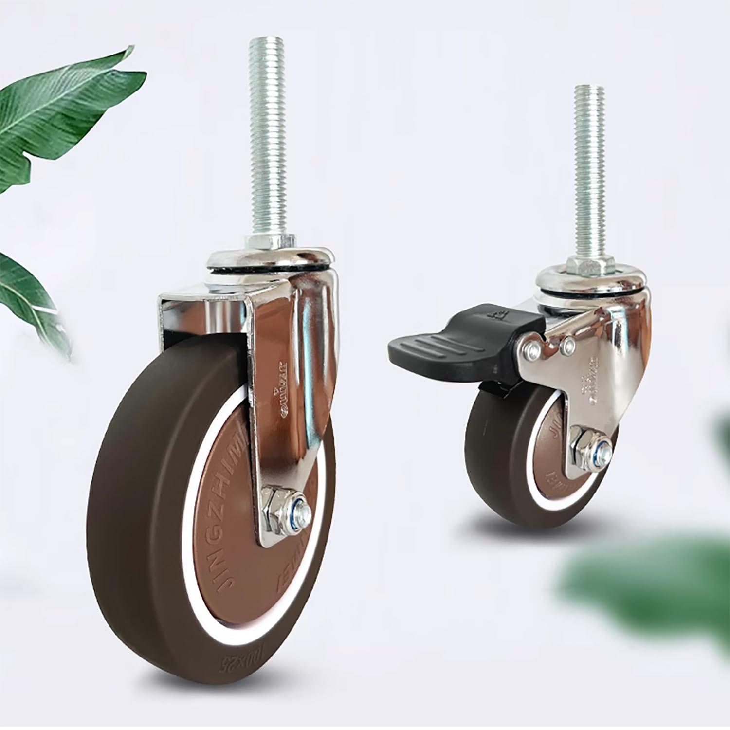 2 Pollice Silenzioso Ruote con Freno, M12*60mm Perno filettato di 4, Gomma Ruote per Mobili/Carrello, Carico 290lbs(2girevole+2con Freno,100mm)