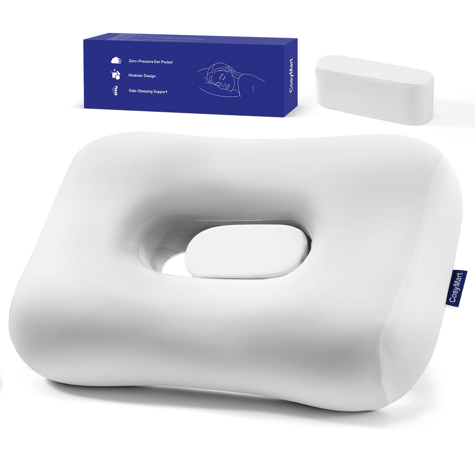 Photo 1 of cosymart Adjustable Ear Pillow for Side Sleepers - 2-in-1 Modular Design, 60D Memory Foam Neck Support Pillow, Firm Cervical Support for CNH & Ear Piercing Relief, Washable Cooling Cover (White)