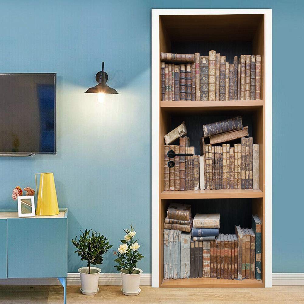 Autocollants escaliers bibliothèque 3D amovibles pour cacher une porte usée