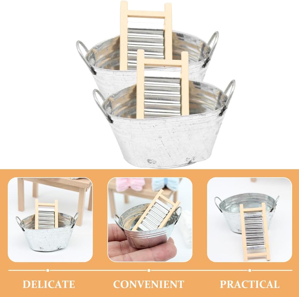 Mipcase Dollhouse Miniature Basin and Washboard Set 2 Miniature Basins and 2 Washboards Tinplate Mini House Laundry Scene Props Realistic Dollhouse Accessories for 1 12 Home Decor