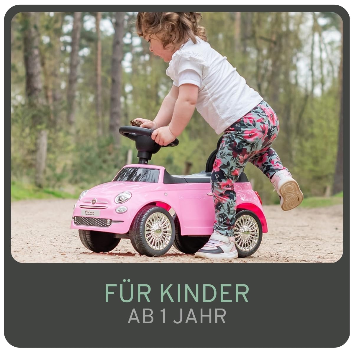 Bandits & Angels Rutschauto FIAT 500 Retro Pink ab 1 Jahr für Mädchen – Rosa Rutschauto für Kinder – mit Hupe – für drinnen und draußen