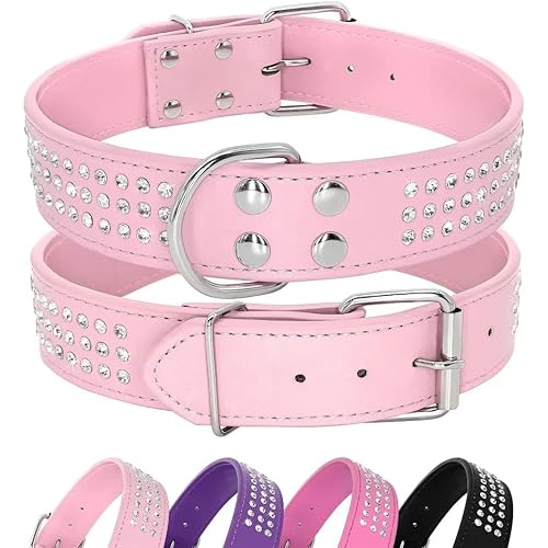 Rhinestones Dog Collar - 1.5" Width Leather Made with Sparkly Crystal Diamonds Studded - Shining Pet Appearance for Medium & Large Dog Walking,21"-24",Pink