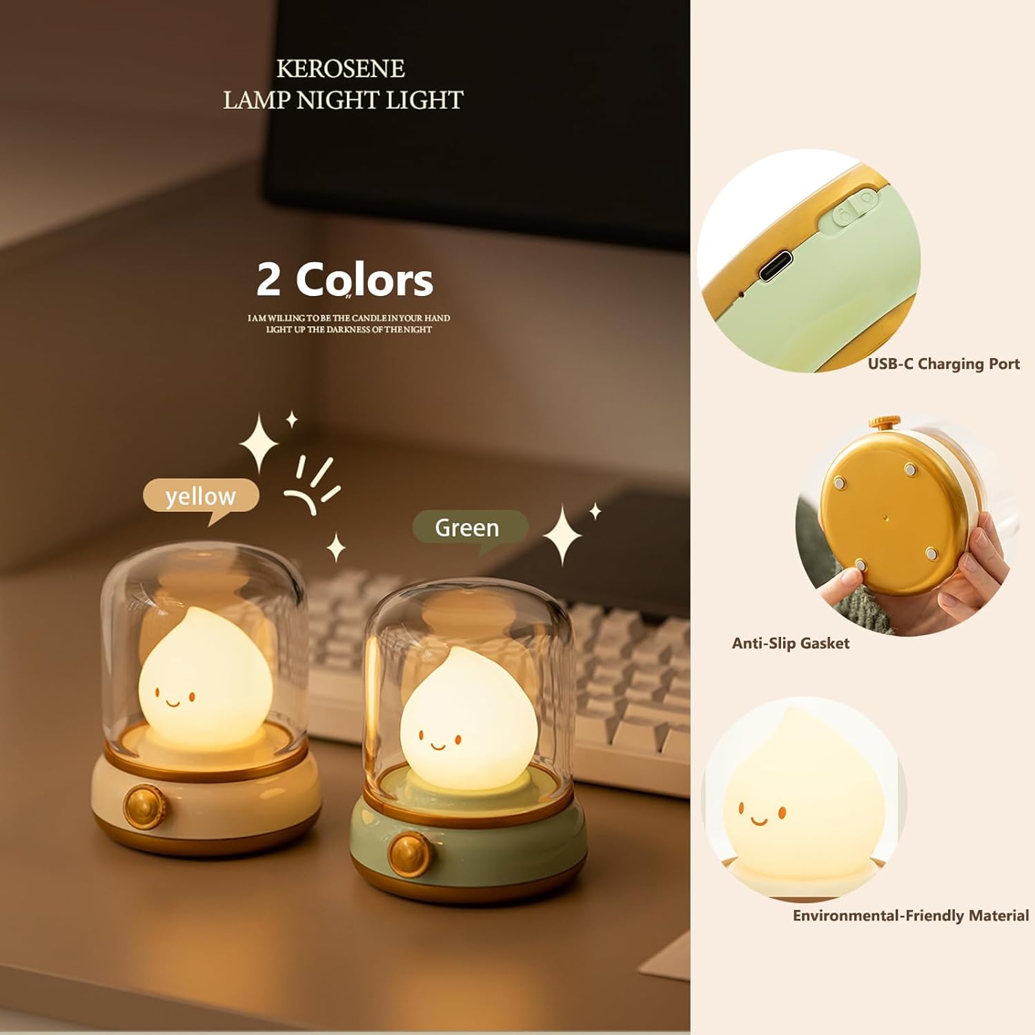 Flameless Kerosene-Style Night Light – Dimmable USB-Rechargeable LED Candle Light with Flicker & Steady Modes, Silicone Flame, Cozy Bedroom, Kids, Travel Lamp (Yellow)