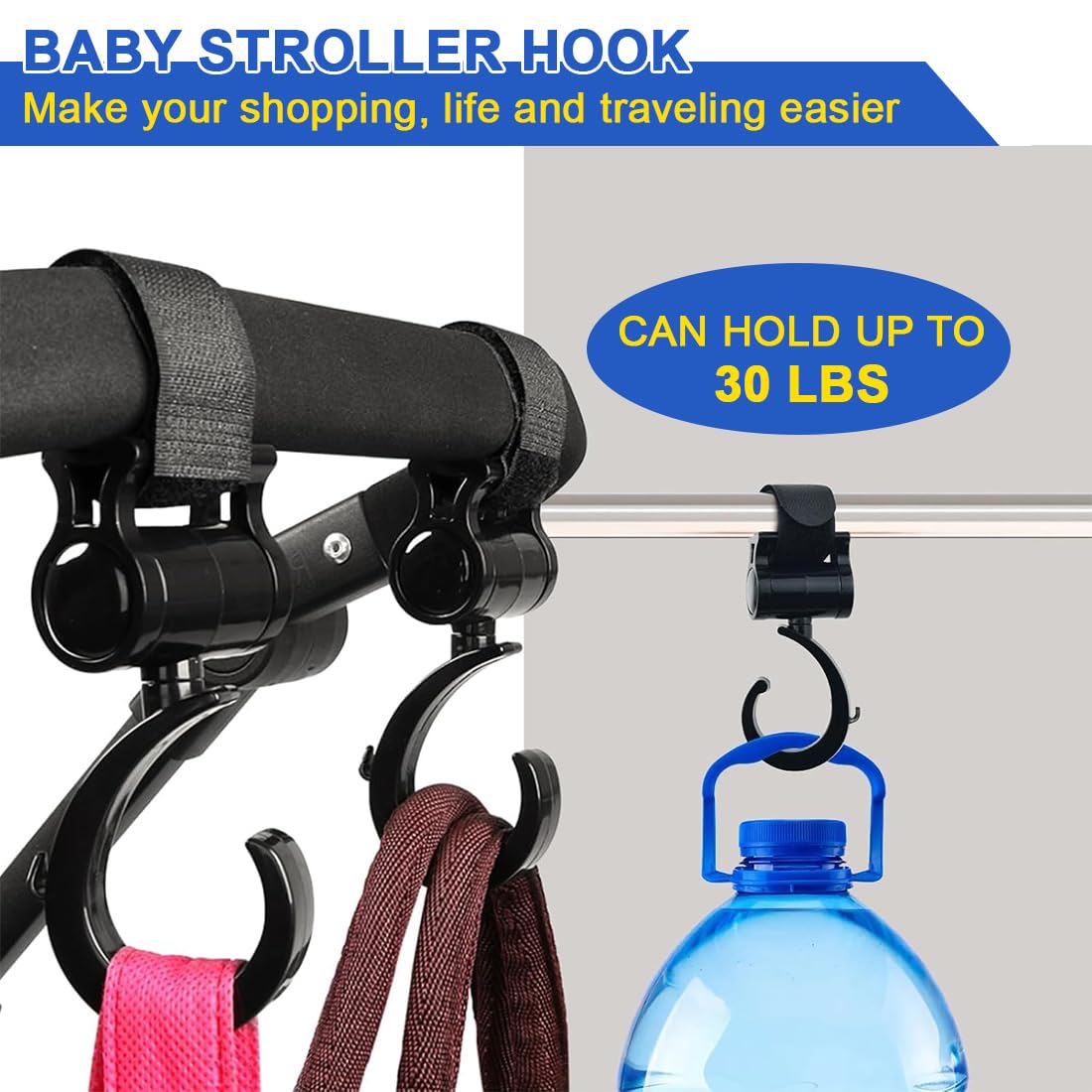 JEYORZY 3 Pezzi Ganci Passeggino Rotanti, Ganci per Passeggino Gancio per borsa della spesa,Universali Passeggino Leggero Rotanti Appendi,Leggero E Resistente, Appendi Sacchetti Borsa Zaino