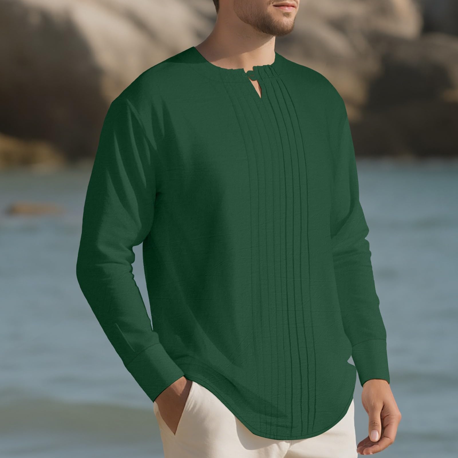Generico Maglia Henry Uomo Collo Rotondo Maniche Lunghe in Lino Tinta Unica, Taglio Comodo per Autunno E Inverno Stile Sportivo Casual