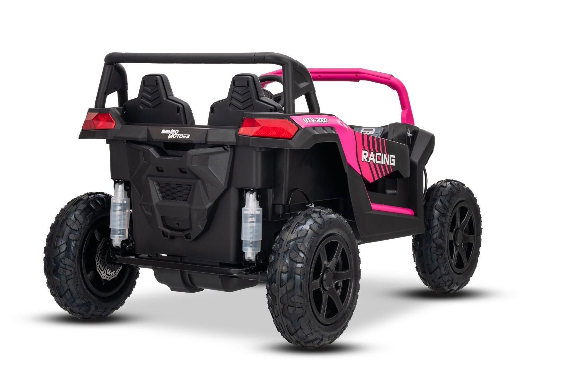 UTV XXL elektryczny samochód na pedały, 24 V, różowy, dwumiejscowy, silnik z mechanizmem różnicowym, nadmuchiwane gumowe koła, wiszące tylne osie, hamulec tarczowy, tapicerowane siedzisko, regulowana