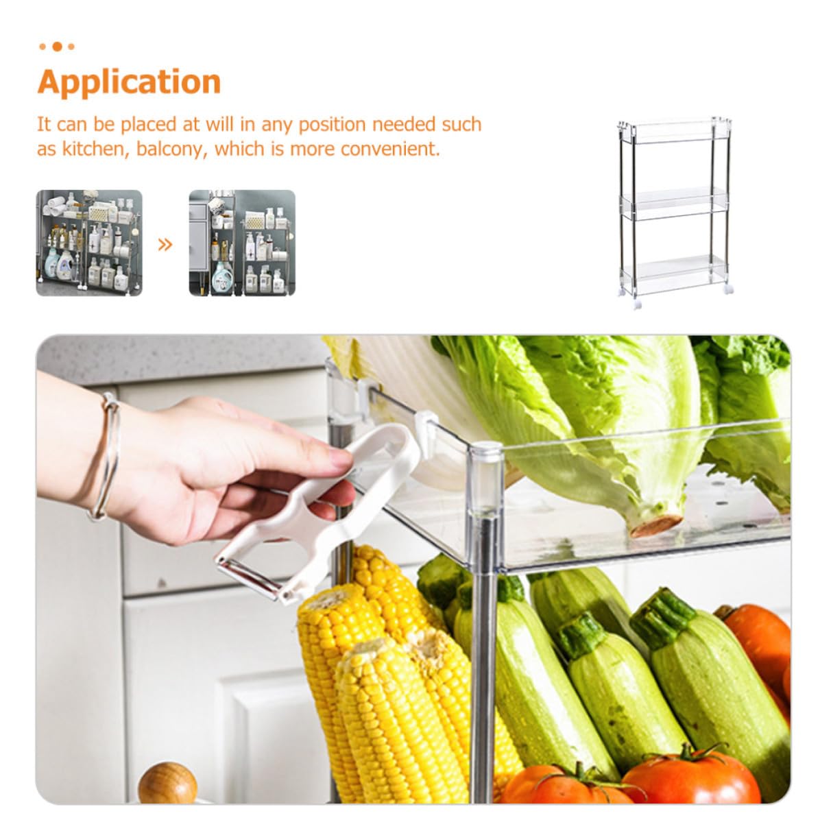 COHEALI Carrello Cucina Grande Capacità di Stoccaggio con Ruote in Pet e Acciaio Inox, Scaffale Salvaspazio a 3 Ripiani per Balcone e Cucina